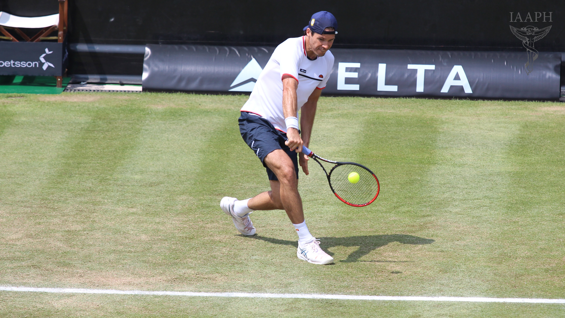 Tommy Haas backhand groundstroke on a grass court